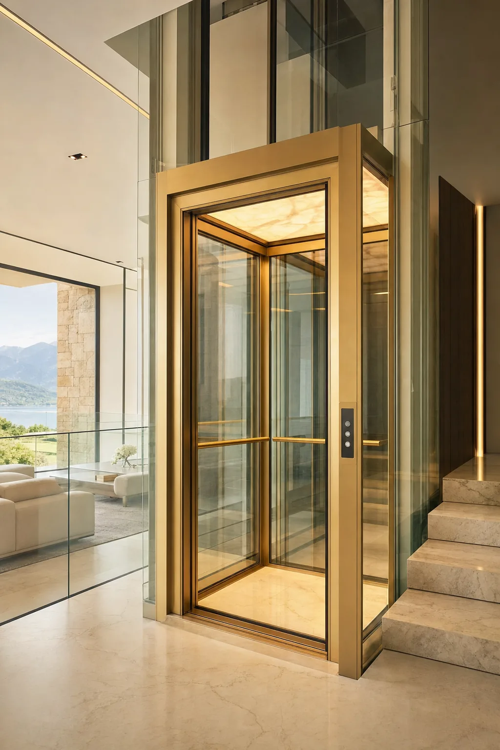 Champagne gold glass home lift installed in a modern villa interior